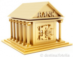 Bank w kolorze złotym z wejściem do sejfu